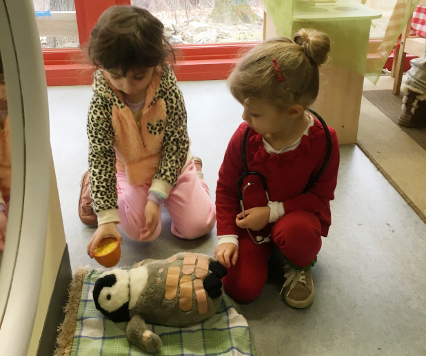 Nature preschoolers treat penguin doll at play clinic