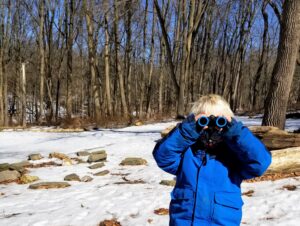 Child in a blue winter jacket standing in the snowy woods, facing the camera, looking through a pair of binoculars
