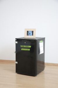 Small, rectangular black dead bird fridge with the frame with looping images on top of it