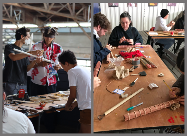 Two vertical images side by side. on the left is Tchin with two workshop participants, he is advising them on next steps on working on their flute, while standing around a table that is covered with materials. On the right are two wooden tables, covered with flute-making materials, with participants sitting around the tables working on their flutes.