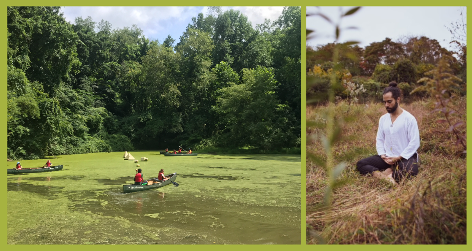 Two images side by side. Image on the left shows Wind Dance Pond in the summer, blue sky with clouds overhead, green leafy trees across the banks of the pond. Children in duos and trios, wearing lifejackets, are canoeing in the pond. The water is covered with bright green algae. On the left is an image of yoga instructor Noah Julian sitting tranquilly, looking down, in an amber-colored autumn meadow.