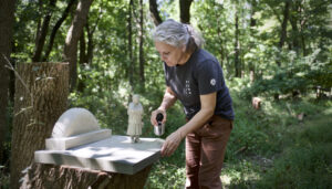 Artist Susan Hagan installs a sculpture on top of a wooden stump in a green forest.