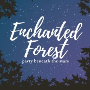 A graphic of a night sky with the words Enchanted Forest party beneath the stars