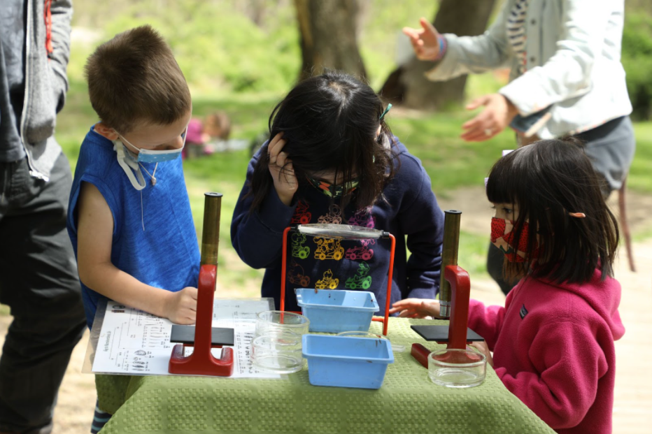 Children at an outdoor table with microscopes