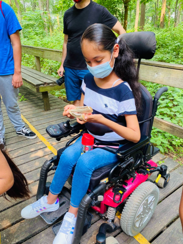 A child in a wheelchair holding and examining a jawbone